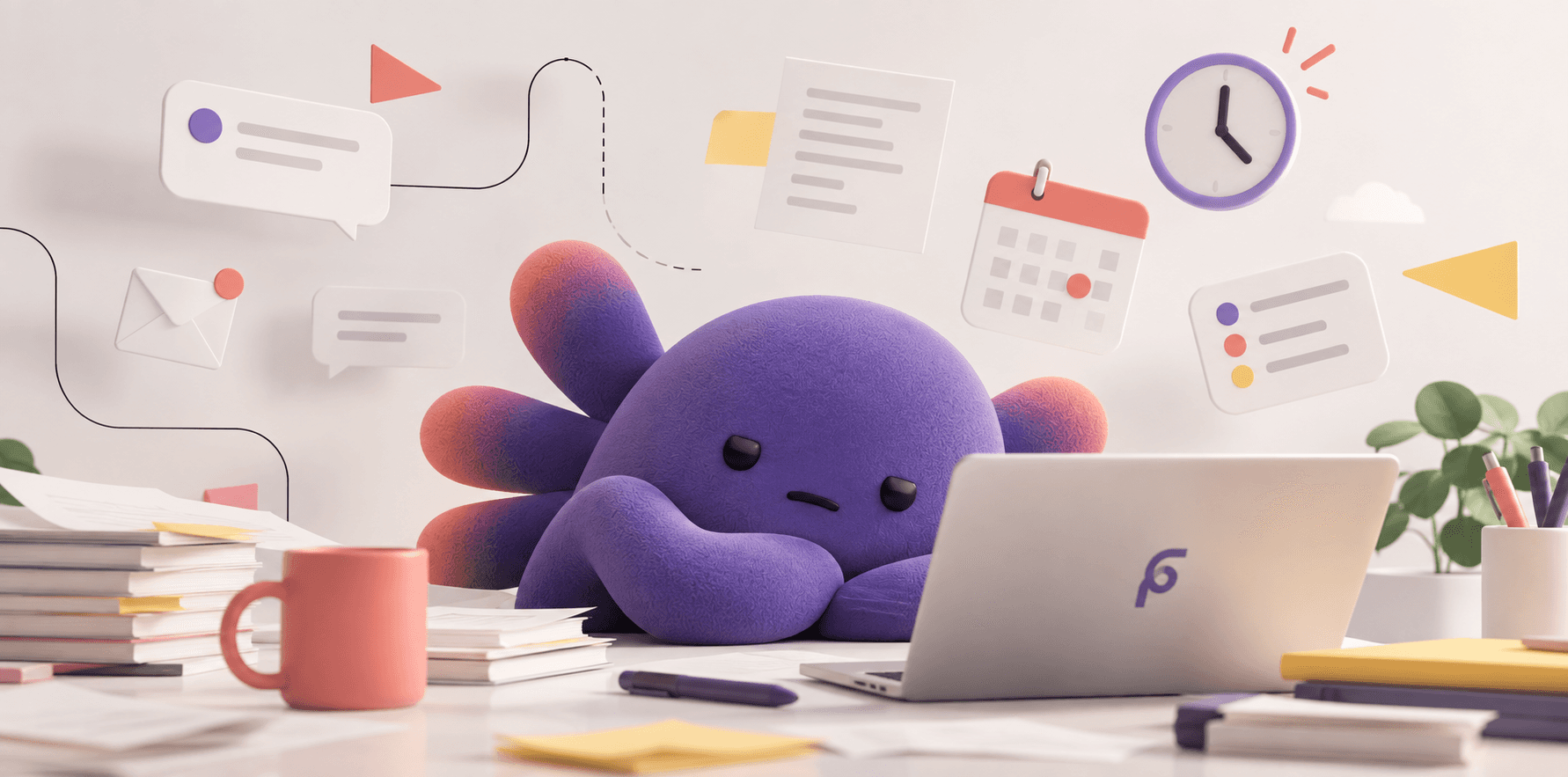 Una creatura viola sfinita su una scrivania piena di messaggi, scadenze e documenti