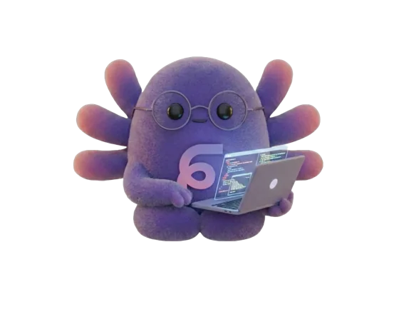 La mascotte di Flowlee con gli occhiali, al lavoro sul portatile